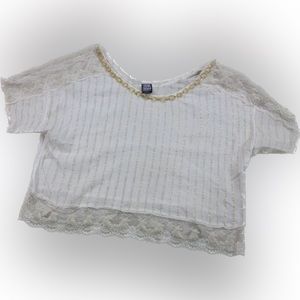 Free people white silk linen metallic gold striped lace trim crop top